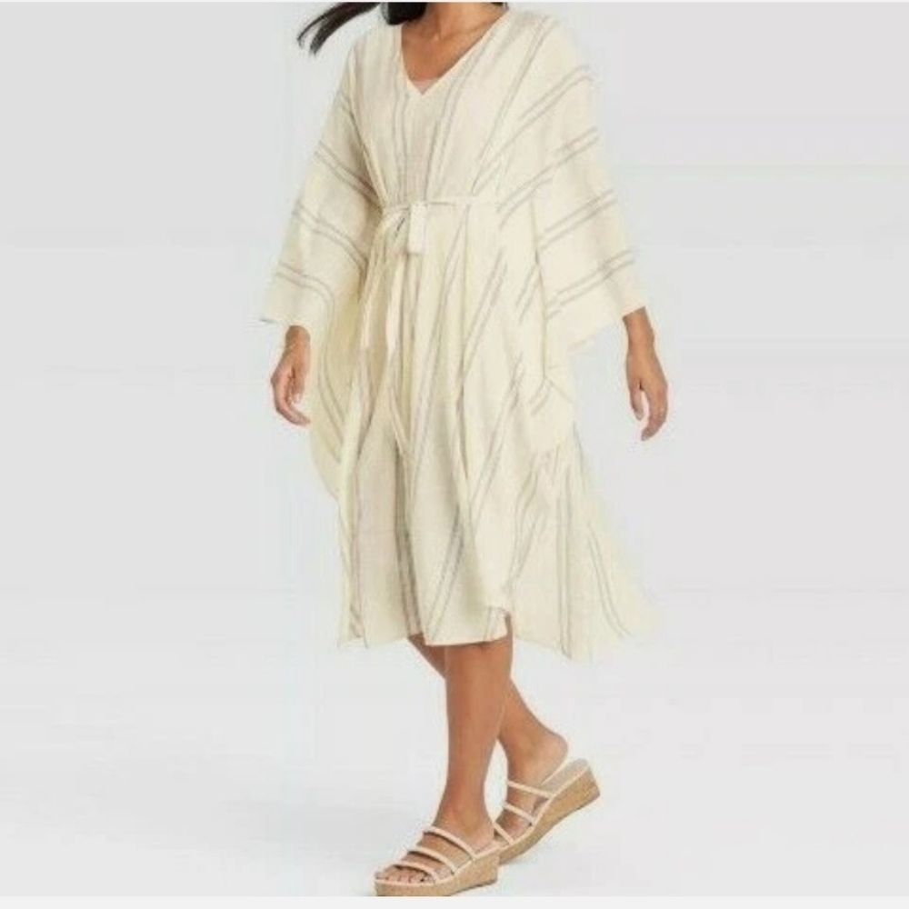 A New Day Striped V-Neck Tunic Dress in Cream and Brown Size OSFM